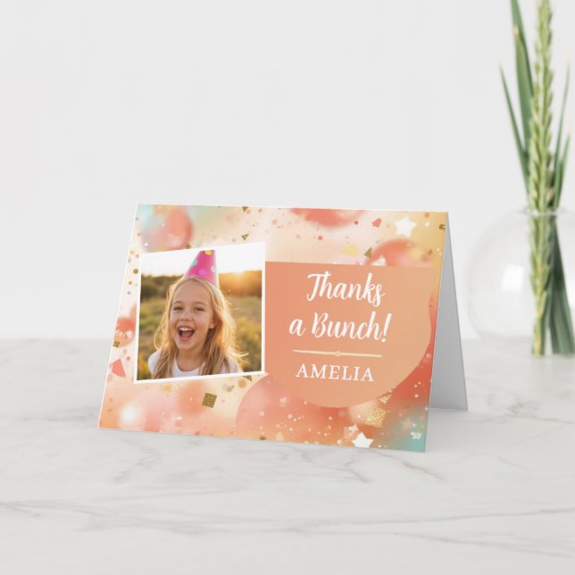 Kids Birthday Photo Thanks a Bunch Pastel Confetti Thank You Card (Front)
