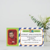 Kids Birthday Photo Train Ticket - Blue Stripes (Standing Front)