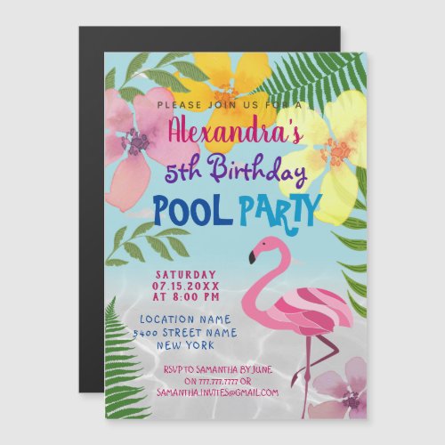 Kids Birthday Pool Party Pink Flamingo Magnetic Invitation