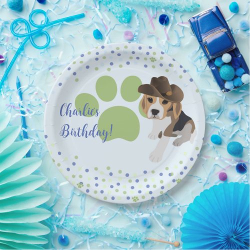 Kids Birthday Puppy Dog Hat Green Pawprint Party Paper Plates