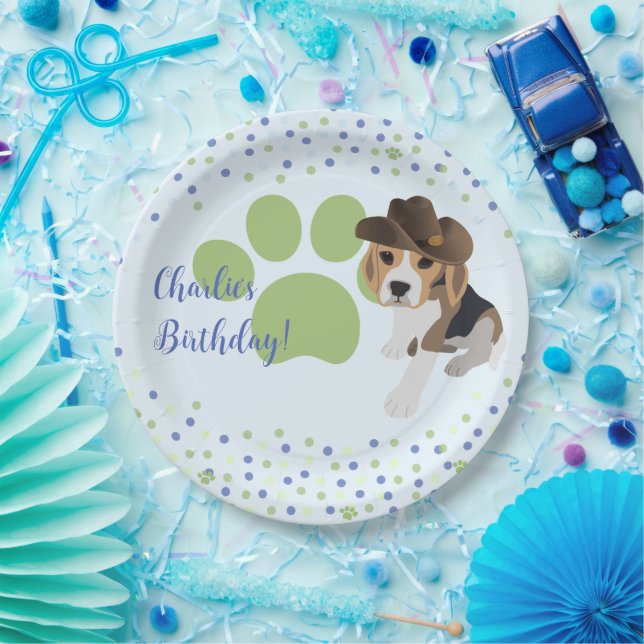 Kids Birthday Puppy Dog Hat Green Pawprint Party Paper Plates (Party)