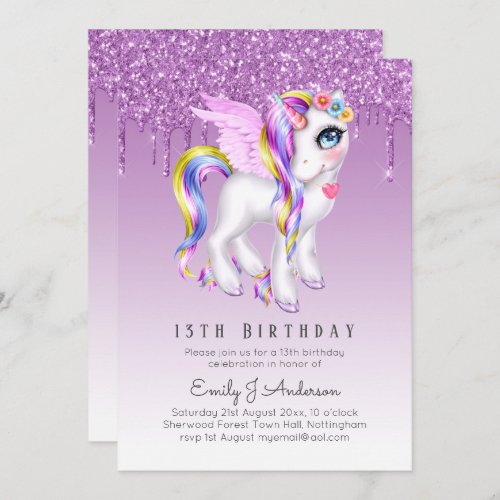 Kids Birthday Purple Unicorn Digital or Printed Invitation