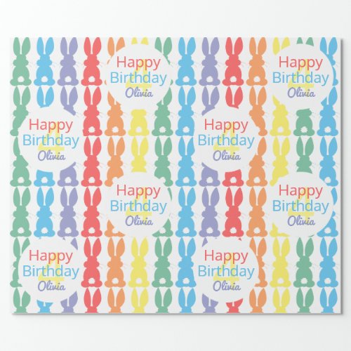 Kids Birthday Rainbow Bunny Pattern Personalized Wrapping Paper