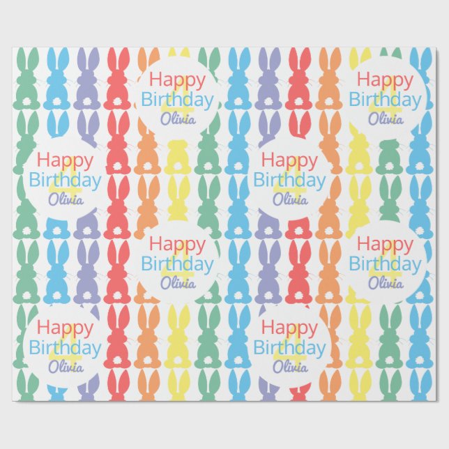 Kids Birthday Rainbow Bunny Pattern Personalized Wrapping Paper (Flat)