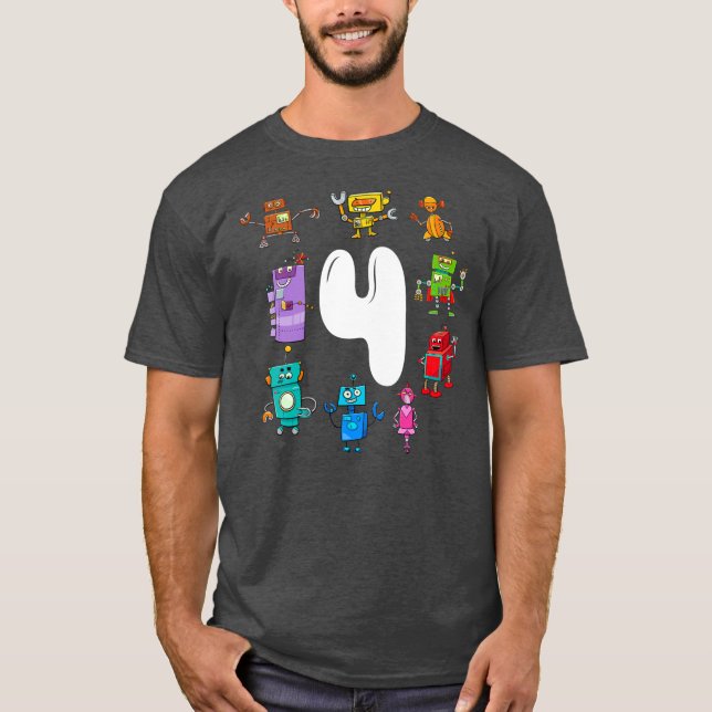 Kids Birthday Robot Age four 4th Birthday T-Shirt (Front)