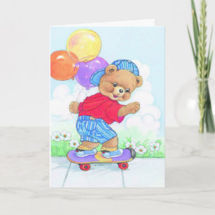 Kid's birthday skateboard bear customizable card