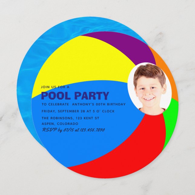 Kids Birthday Summer Pool/Beach Party add photo Invitation (Front/Back)