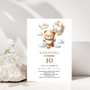 Kids Birthday Teddy Bear Gold Balloons Party Invitation