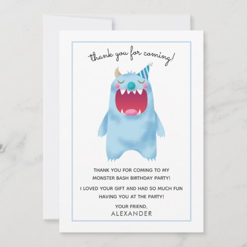 Kids Birthday Thank You Card  Blue Monster