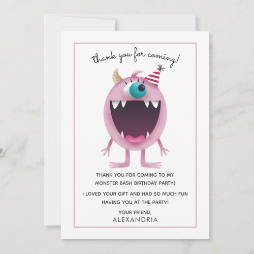 Kids Birthday Thank You Card  Pink Monster