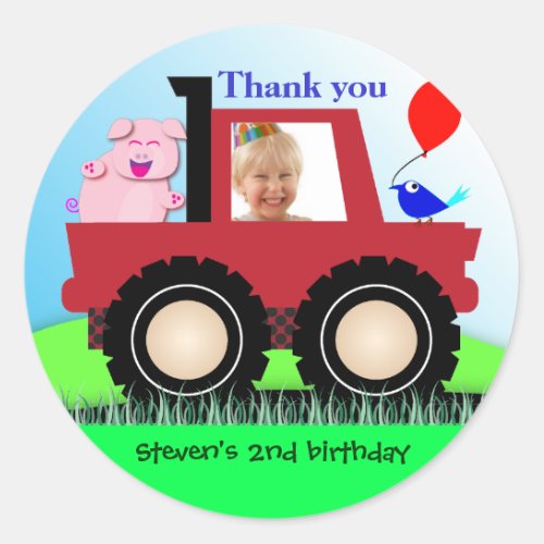 Kids Birthday Thank You Stickers Farmer truck Classic Round Sticker
