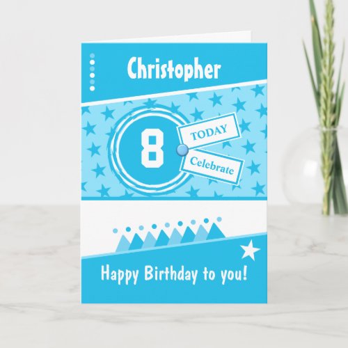 Kids Birthday turquoise blue white any age name Card