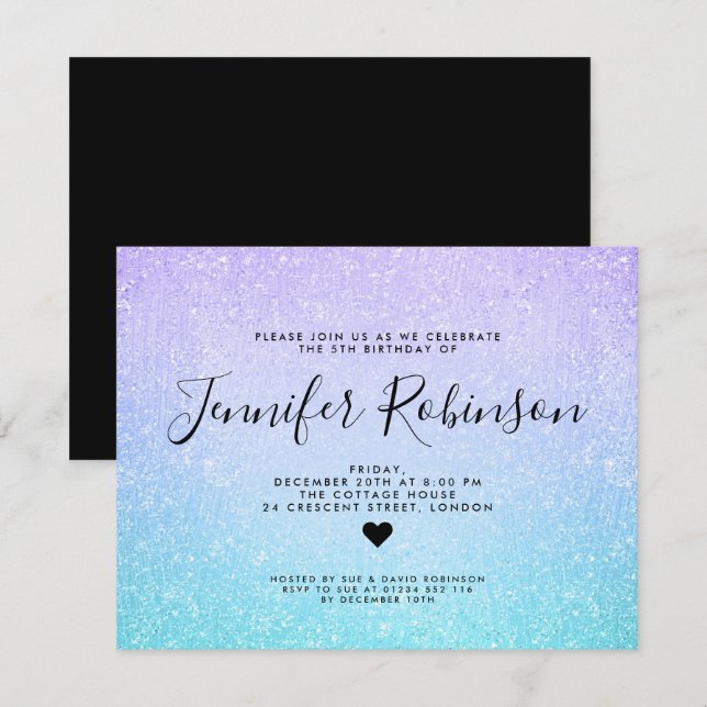 Kids Birthday Turquoise Purple Glitter Paint Invitation (Front/Back)