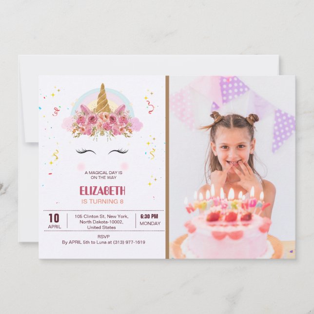 Kids Birthday Unicorn Theme Personalized Photo Invitation (Front)