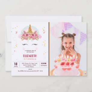 Kids Birthday Unicorn Theme Personalized Photo Invitation
