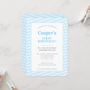 KIDS BIRTHDAY vintage gingham pattern boy blue Inv Invitation