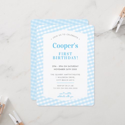 KIDS BIRTHDAY vintage gingham pattern boy blue Invitation