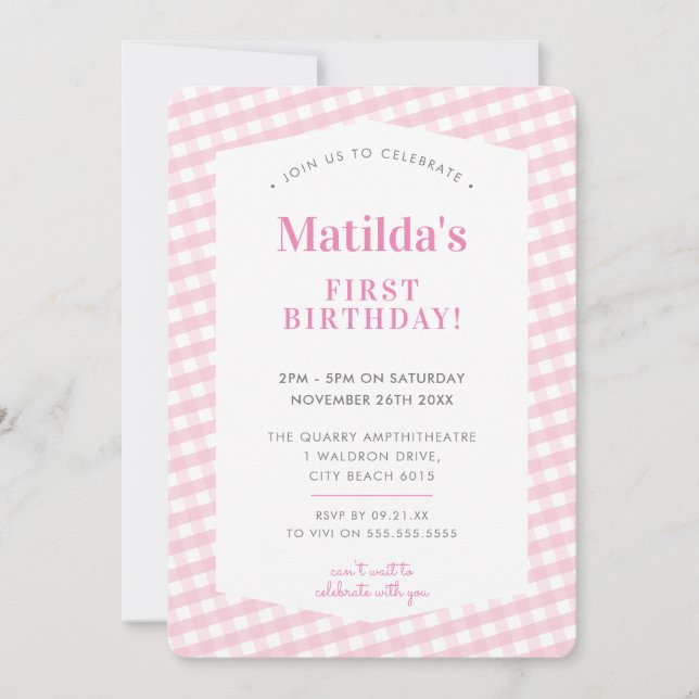 KIDS BIRTHDAY vintage gingham pattern girl pink Invitation (Front)