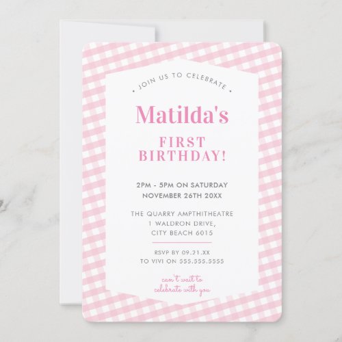 KIDS BIRTHDAY vintage gingham pattern girl pink Invitation