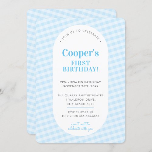 KIDS BIRTHDAY vintage gingham pattern pale blue Invitation