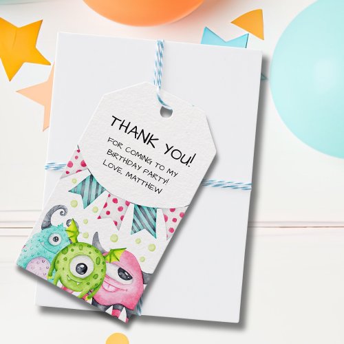 Kids Birthday Watercolor Monsters Thank You Gift Tags