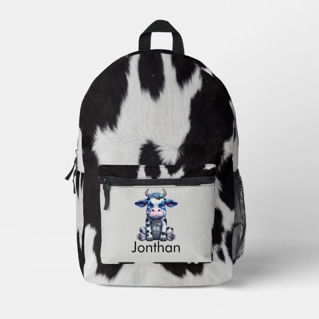 Kids Black and White Cow theme Printed Backpack (Front)