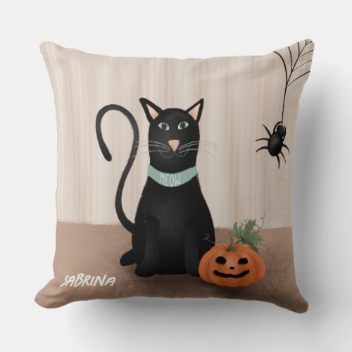 Kids Black Cat Halloween Pumpkin Throw Pillow