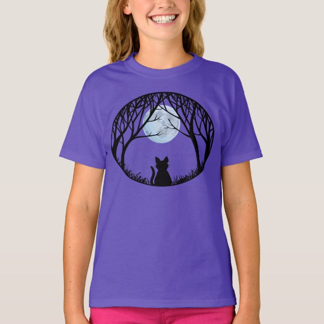 Kid's Black Cat T-shirt Black Cat Art Girl's Tee (Front)