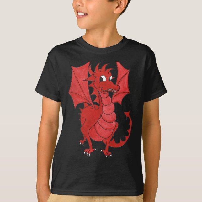 Kids Black Cotton T-shirt: Cute Red Dragon T-Shirt (Front)
