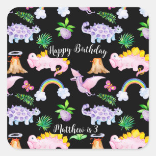 Kids' Black Dinosaur Rainbow Watercolor Jungle Square Sticker