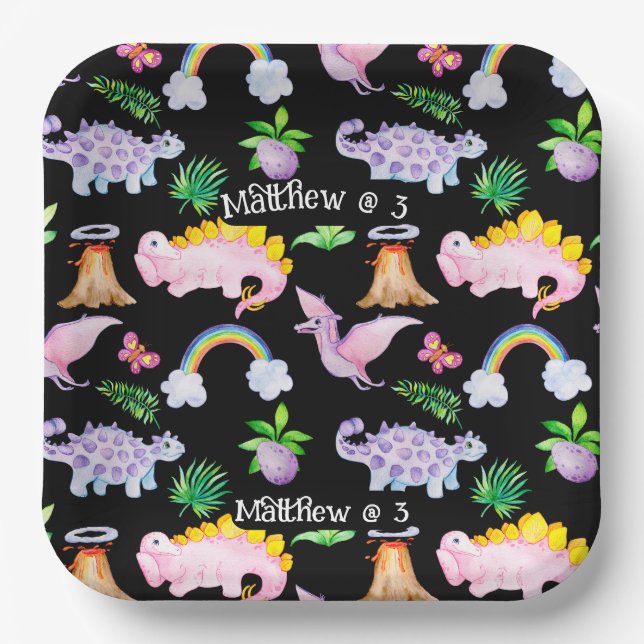 Kids Black Fun Dinosaur Rainbow Watercolor Jungle Paper Plates (Front)