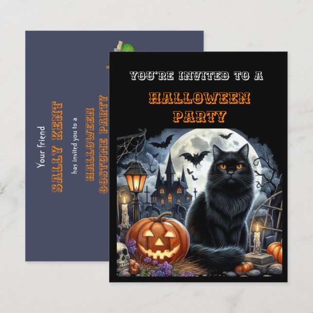 Kids Black Halloween Costume Party Invitation  (Front/Back)