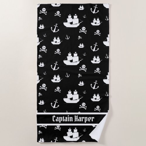 Kids Black Personalized Anchor Pirate Beach Towel