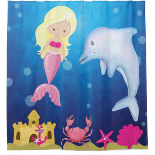 Kids Blonde Pink Mermaid Under Sea Shower Curtain
