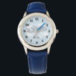 Kids Blue Airplane Cartoon and Name Boys Watch<br><div class="desc">This cute transport airplane design features a hand-drawn doodle airplane with a background of blue sky and clouds,  and can be personalized with your boy's name. Perfect for an airplane and travel loving kids first watch! Check out our store for other cute designs.</div>