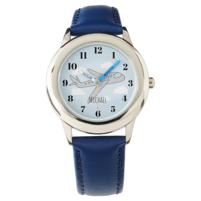 Kids Blue Airplane Cartoon and Name Boys Watch (Front)