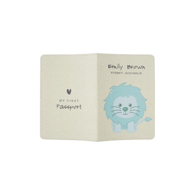 KIDS BLUE CREAM BABY LION PERSONALIZED MY FIRST PASSPORT HOLDER (Opened)