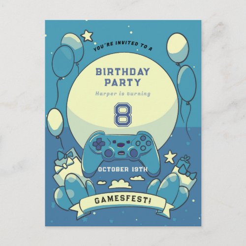 Kids blue gamesfest birthday invitation postcard