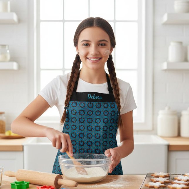 Kids' Blue Geometric Pattern Custom Name Apron (Creator Uploaded)