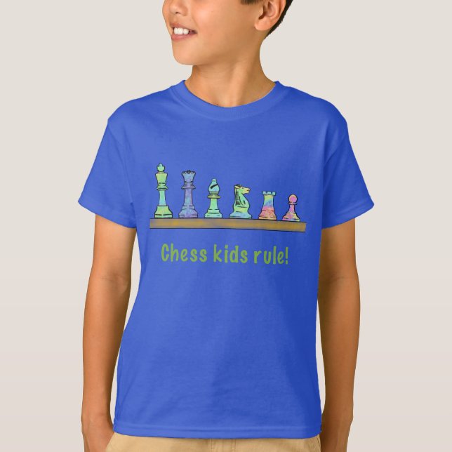 Kids Blue Grandmaster Chess Shirt, colorful pieces T-Shirt (Front)