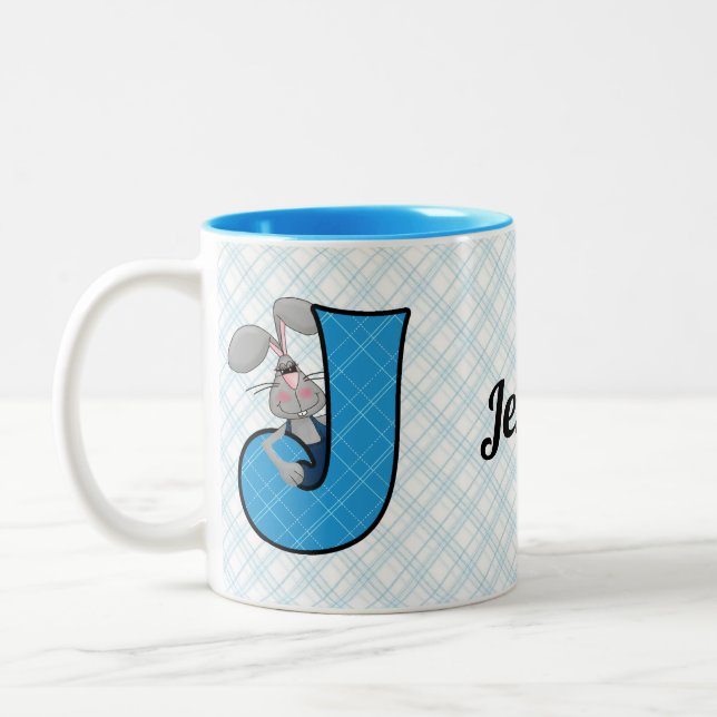 Kid's Blue Jackrabbit Monogram Letter J with Name Two-Tone Coffee Mug (Left)