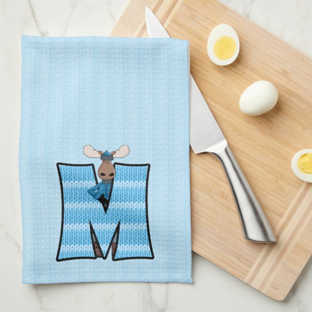 Kid's Blue Knit Print Monogram Letter M Towel (Quarter Fold)