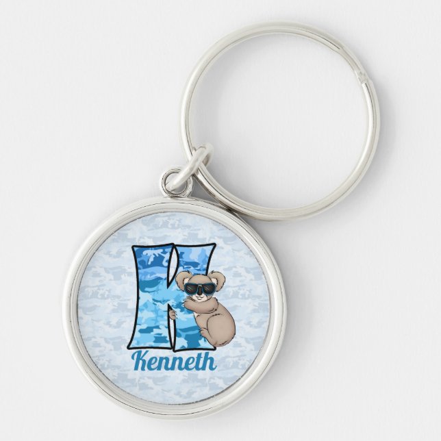 Kid's Blue Koala Monogram Letter K Keychain (Front)