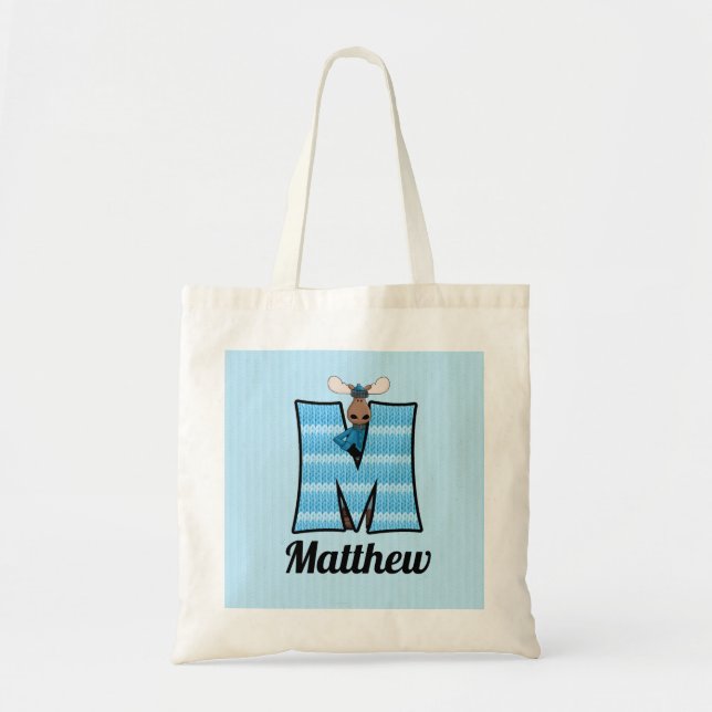 Kid's Blue Moose Monogram Letter M Tote Bag (Front)