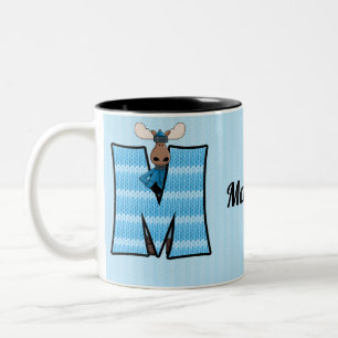 Kid's Blue Moose Monogram Letter M with Name Two-Tone Coffee Mug