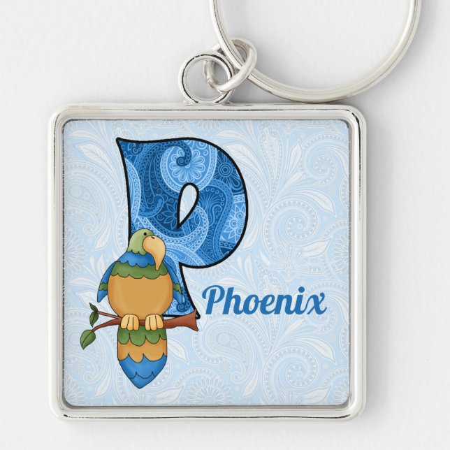 Kid's Blue Paisley Parrot Monogram Letter P Keychain (Front)