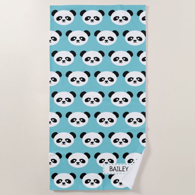 Kids Blue Panda Bear Pattern Kawaii Personalized Beach Towel (Front)