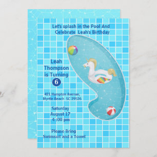 Kids Blue Pool Party Unicorn Birthday Invitations