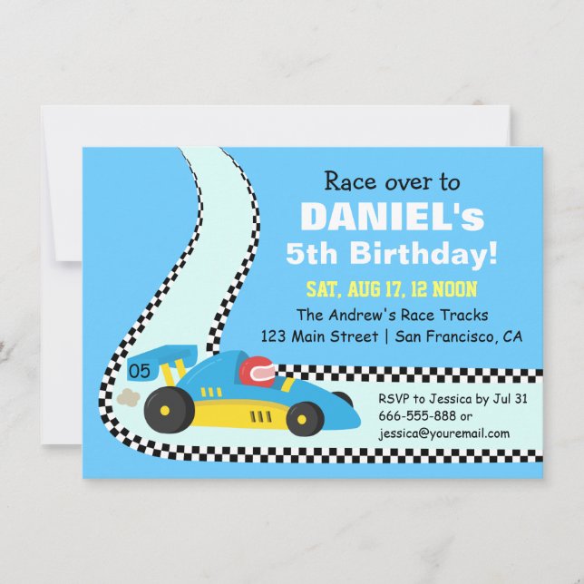 Kids Blue Race Car Birthday Party Invitations (Front)