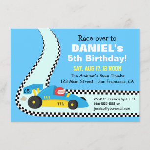 Kids Blue Race Car Birthday Party Invitations
